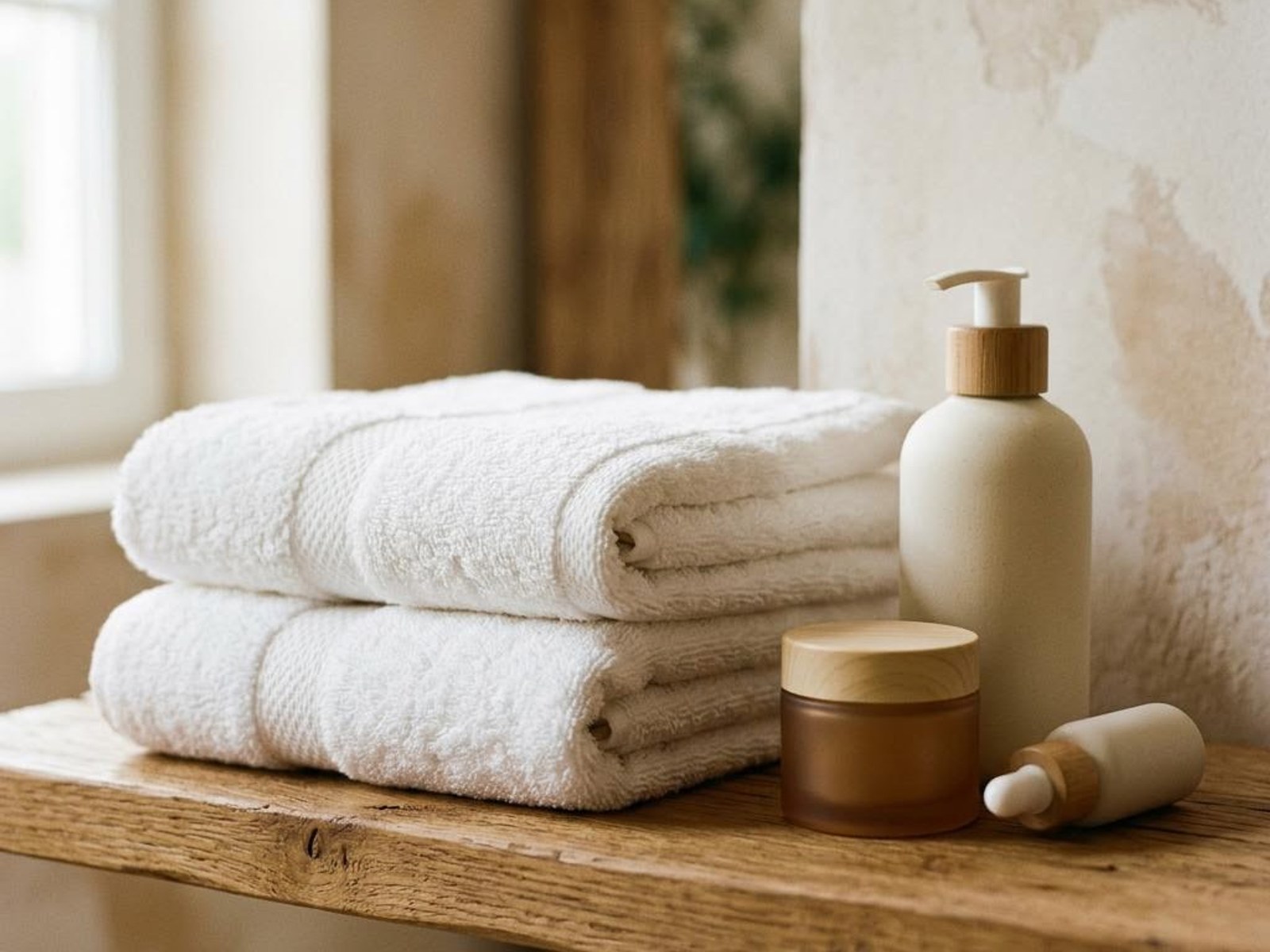 Folded white towels and skin care products on a wood shelf